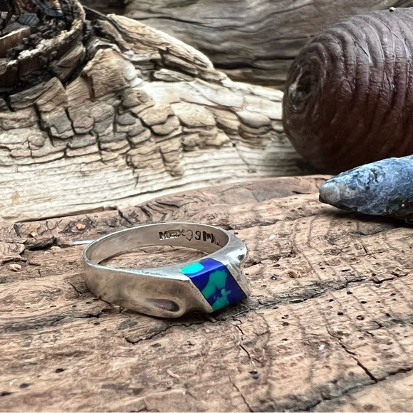 Taxco Mexico Sterling Silver Ring TM-166 Azurite Turquoise Lapis Lazuli Signet - Picture 5 of 9